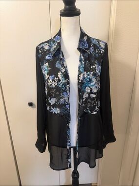 Signature Studio Black Sheer Blouse with Blue Floral Panels
